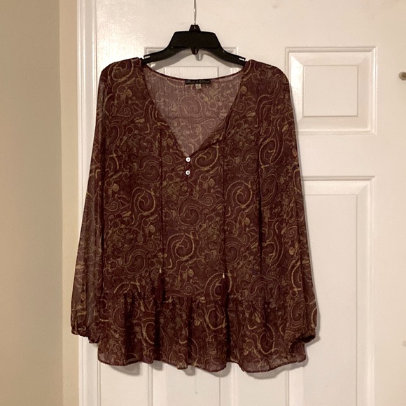 ROSE & OLIVE burgundy and gold sheer long sleeve blouse - Picture 1 of 8